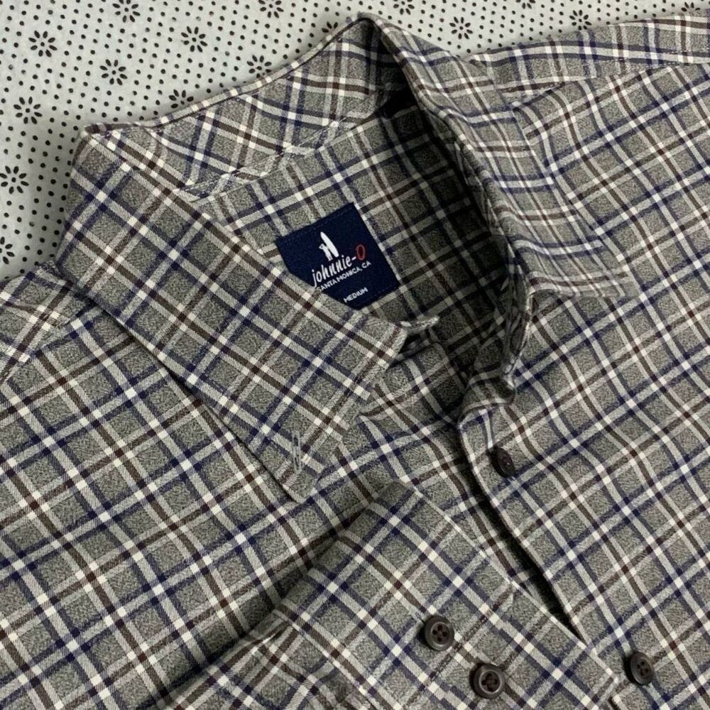 Johnnie-O Balsam Plaid Flannel Button Down Shirt Men Medium 100% Cotton Gray